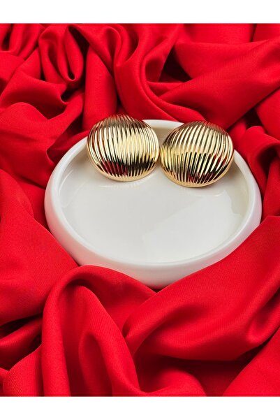 TRENDTAKI Büyük Yuvarlak Küpe Çizgili Altın Kaplama Çok Hafif 0055