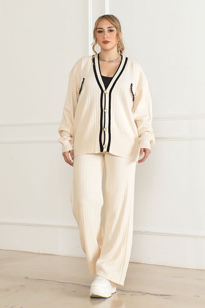 Molly Nelly Women's Knitwear Ribbed Cardigan Trousers Pocket Detailed Set