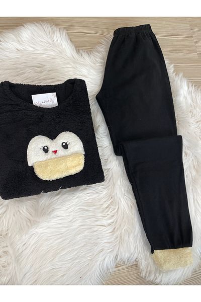 Pijamacs Set de pijamale din lână neagră Be Happy cu model cu detaliu de pluș în față