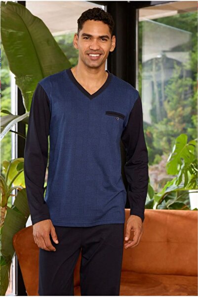 İpek Ανδρικό σετ πιτζάμες με μακρύ μανίκι V λαιμόκοψη 100% βαμβάκι