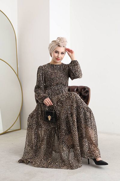 XXL BUTİK Women's Chiffon Print Crew Neck Hijab Dress Xs007