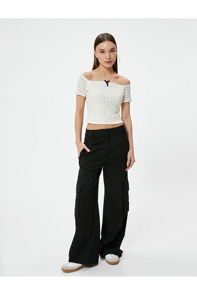Koton Lace Madonna Collar Off-The-Shoulder Blouse Slim Fit with Bow Detail