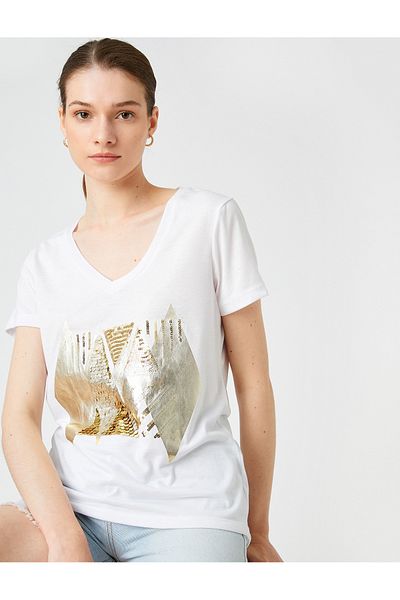 Koton V-Neck Short Sleeve Printed T-Shirt