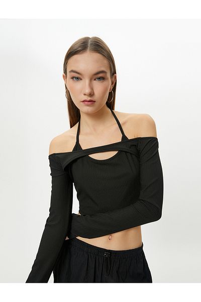 Koton Μπλουζάκι Boat Neck Crop μακρυμάνικο με λεπτομέρεια γραβάτας