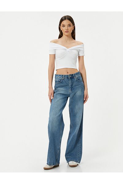 Koton Crop Off the Shoulder Madonna Neck T-Shirt Ribbed Short Sleeve Knot Detail