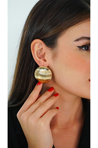 TRENDTAKI Büyük Yuvarlak Küpe Çizgili Altın Kaplama Çok Hafif 0055