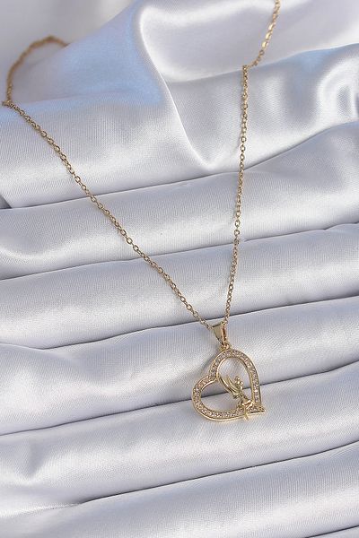 Skygo 316L Steel Chain Gold Color Zircon Stone Heart Model Angel Detail Women's Necklace - Tj-Bko9356