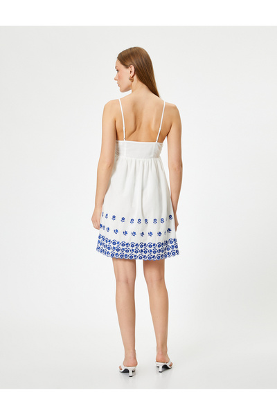 Koton Strappy Heart Collar Mini Flower Patterned Cotton Dress - Thin Lined