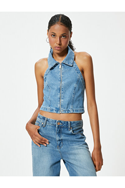 Koton Denim Crop Top - Slim Fit with Halter Collar, Zipper and Back Low Cut