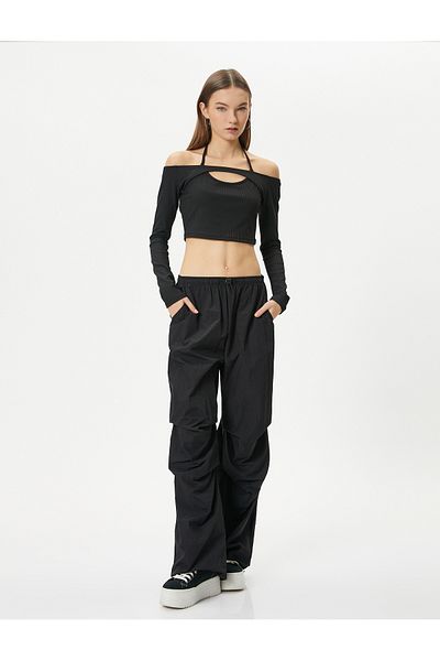 Koton Μπλουζάκι Boat Neck Crop μακρυμάνικο με λεπτομέρεια γραβάτας