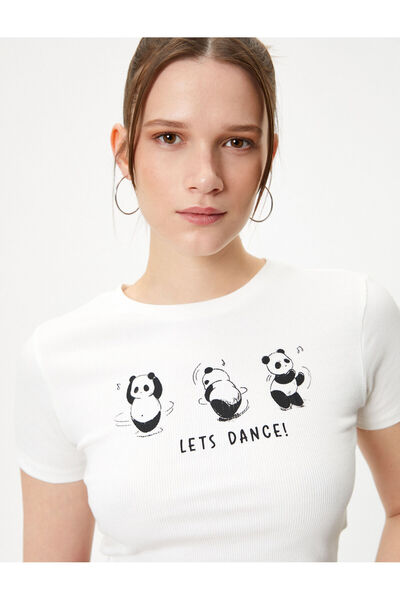 Koton Μπλουζάκι Panda με στάμπα και βαμβακερή λαιμόκοψη με κοντό μανίκι
