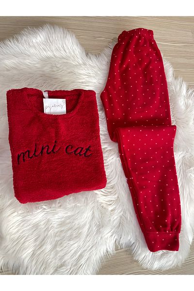 Pijamacs Red Mini Cat Patterned Fleece Pajamas Set with Front Plush Detail