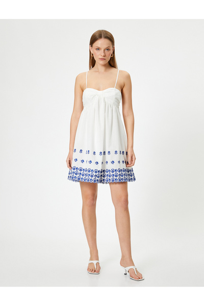 Koton Strappy Heart Collar Mini Flower Patterned Cotton Dress - Thin Lined