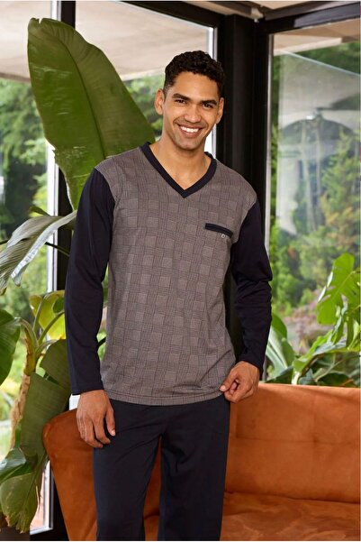 İpek Ανδρικό σετ πιτζάμες με μακρύ μανίκι V λαιμόκοψη 100% βαμβάκι