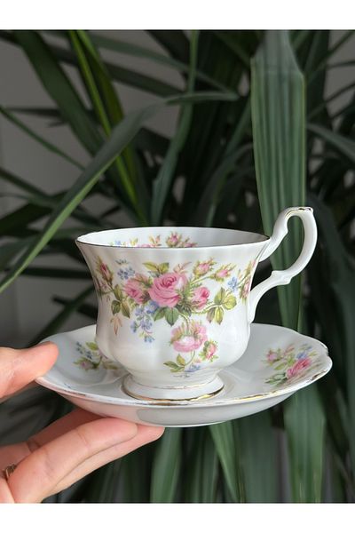 Royal Albert Antique porcelain moss rose double coffee / nescafe & tea cup and saucer