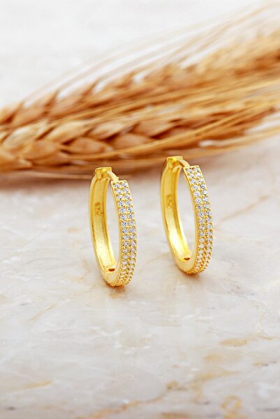 Sümer Telkari 20 Mm Altın Kaplama Taşlı Büyük Boy Gümüş Halka Küpe 7147