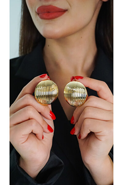 TRENDTAKI Büyük Yuvarlak Küpe Çizgili Altın Kaplama Çok Hafif 0055