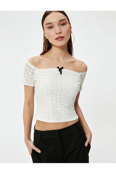 Koton Lace Madonna Collar Off-The-Shoulder Blouse Slim Fit with Bow Detail