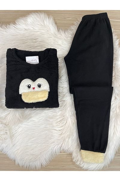 Pijamacs Set de pijamale din lână neagră Be Happy cu model cu detaliu de pluș în față
