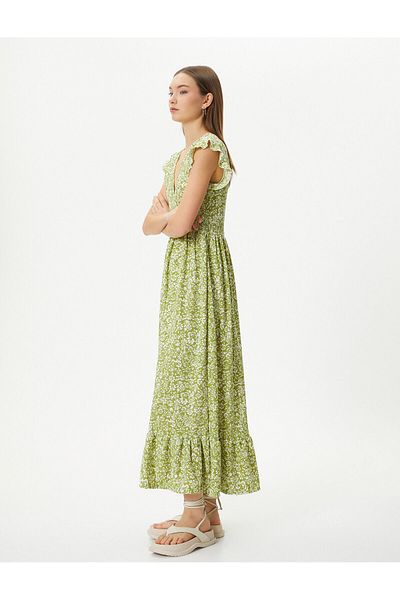 Koton Floral Long Dress Ruffle Sleeveless V Neck Gipe Detailed Comfortable Fit
