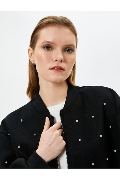 Koton Bomber Jacket Shiny Stone Embroidered Zippered Ribbed
