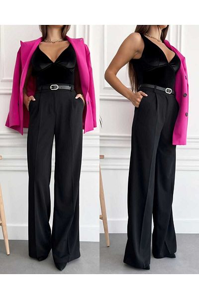 ŞULE BUTİK BLACK HIGH WAIST PALAZZO MODEL BELTED BOL TROUSERS CREPE PANT