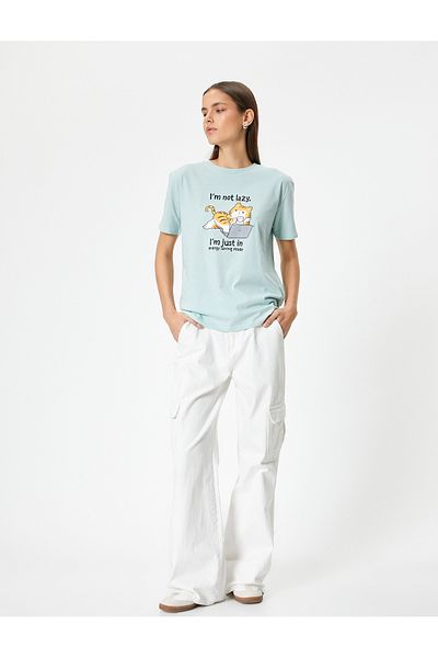 Koton Tricou cu imprimeu pisică, cu mânecă scurtă, decolteu, o potrivire confortabilă