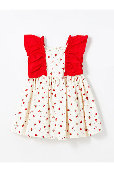 LC Waikiki فستان MG TRENDEN Ecru للفتيات الصغيرات بياقة مربعة وطبعة زهور