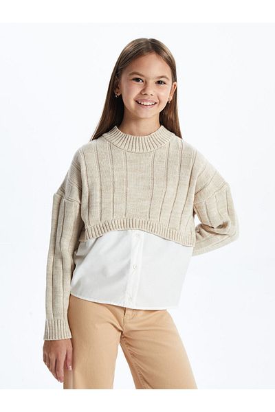 LC Waikiki Lcw Kids Beige Crew Neck Print Long Sleeve Girls Knitwear Sweater