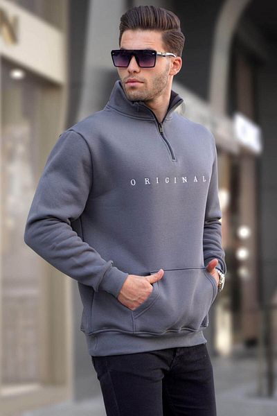 Madmext Geräuchertes Herren-Sweatshirt – bestickt, mit Taschen und Reißverschlusskragen 6028