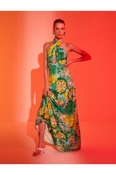 Koton Satin Halter Neck Floral Long Dress - Halter Neck