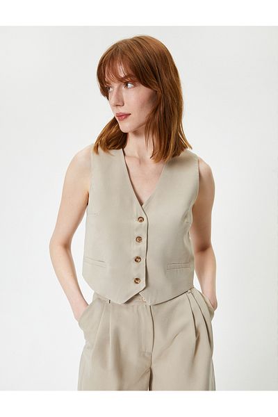 Koton Blazer Vest V Neck Buttoned Fleto Pocket
