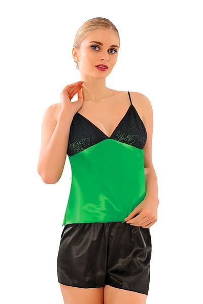 Sistina Πράσινο μαύρο σατέν σετ με σορτς Babydoll - 293 - Μέγεθος L/XL TRNHL