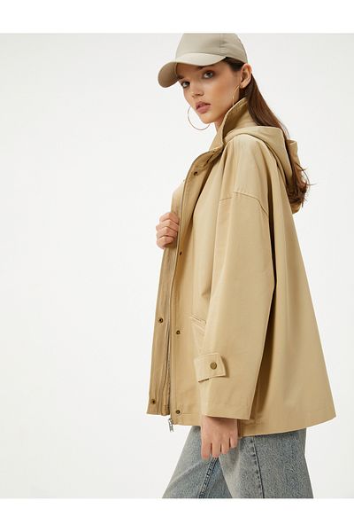 Koton Hip-Length Lined Hooded Short Trench Coat - Pocket and Zipper, Wind Cover