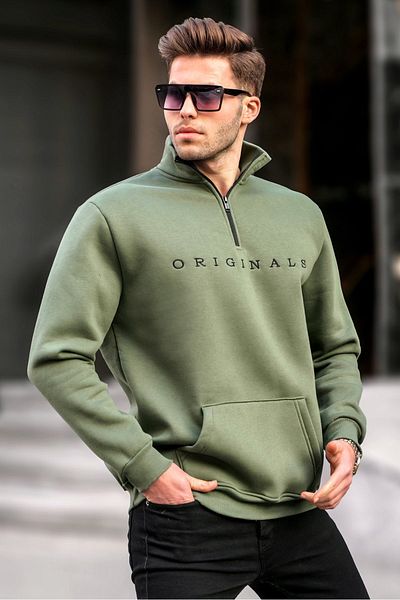 Madmext Khakifarbenes Sweatshirt mit Reißverschlusskragen und Stickerei 6028