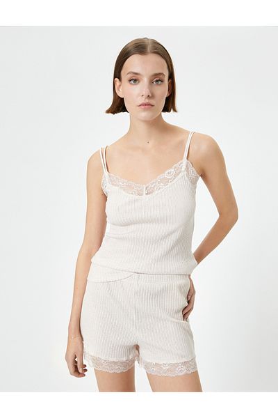 Koton Pajamas Top with Thin Straps and Lace Detail Ribbed