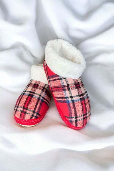 MEDESS Ekose Desenli Wellsoft Peluş Kaymaz Taban Kadın Ev Botu Panduf