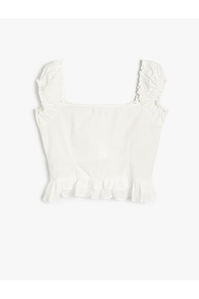 Koton Kurze Popeline-Bluse – Herzkragen mit gerüschten dicken Trägern und Knöpfen