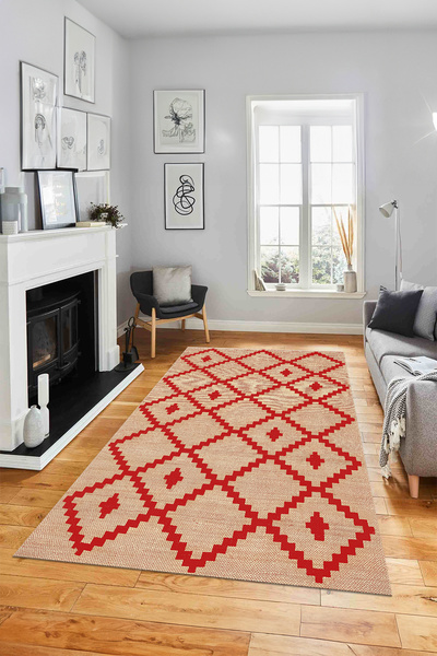 Viyana Home Digital Anti-Slip Base Square Patterned Jute Model Washable Floor Mat Kitchen Living Room Carpet