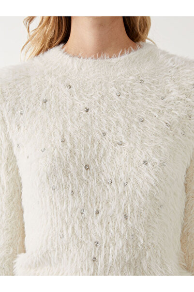 LC Waikiki LCW Vision Ekru Bisiklet Yaka Taş Baskılı Kadın Triko Kazak