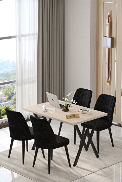 Kaffahome Will 70x120 Sonomo Sabit Yemek Masası , Yemek Masa Takımı 4 Siyah S...