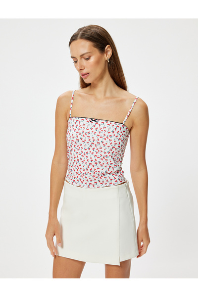 Koton Cherry bedrucktes Tank Top mit dünnen Trägern und Schleife Detail Slim Fit