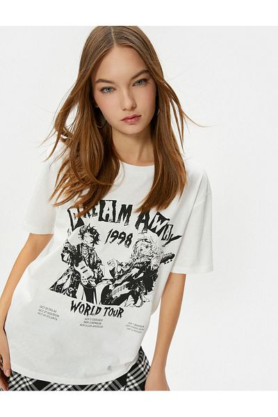 Koton Anime T-Shirt με θέμα τη μουσική Άνετη εφαρμογή Βαμβακερή λαιμόκοψη με κοντό μανίκι