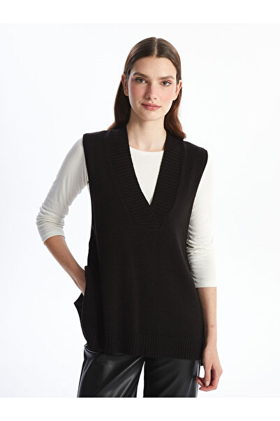 LC Waikiki Black Women's V-Neck Plain Knit Sweater