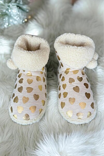 MEDESS Kalp Desenli Ponponlu Peluş Kaymaz Taban Kadın Ev Botu Panduf