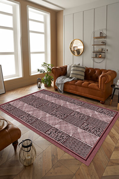 Viyana Home Digital Anti-Slip Base Square Patterned Jute Model Washable Floor Mat Kitchen Living Room Carpet