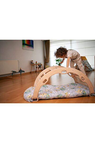 KIDOPPO Pikler Tırmanma Seti | Montessori Tam Set Ve Desenli Yastık | Üçgen&kemer&2 Adet Rampa&harita Yastık