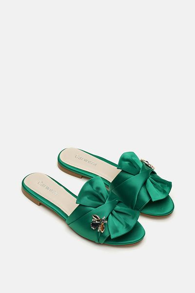 carweza Bee Maya Green Satin Flat Sole Women's Slippers