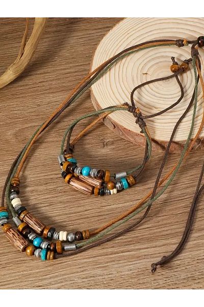TAKİBUTİGİNİZ Vintage Wooden Beaded Ethnic Kolyr Bracelet Set