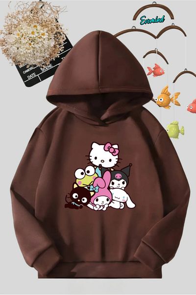 Evomind Unisex My Melody Kuromi Hello Kity Printed Hooded Children's Sweatshirt